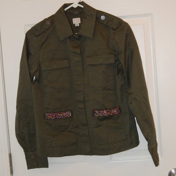 A New Day Women's Army Green Jacket W/ Decorative Beaded Pockets Size Small - Picture 3 of 15
